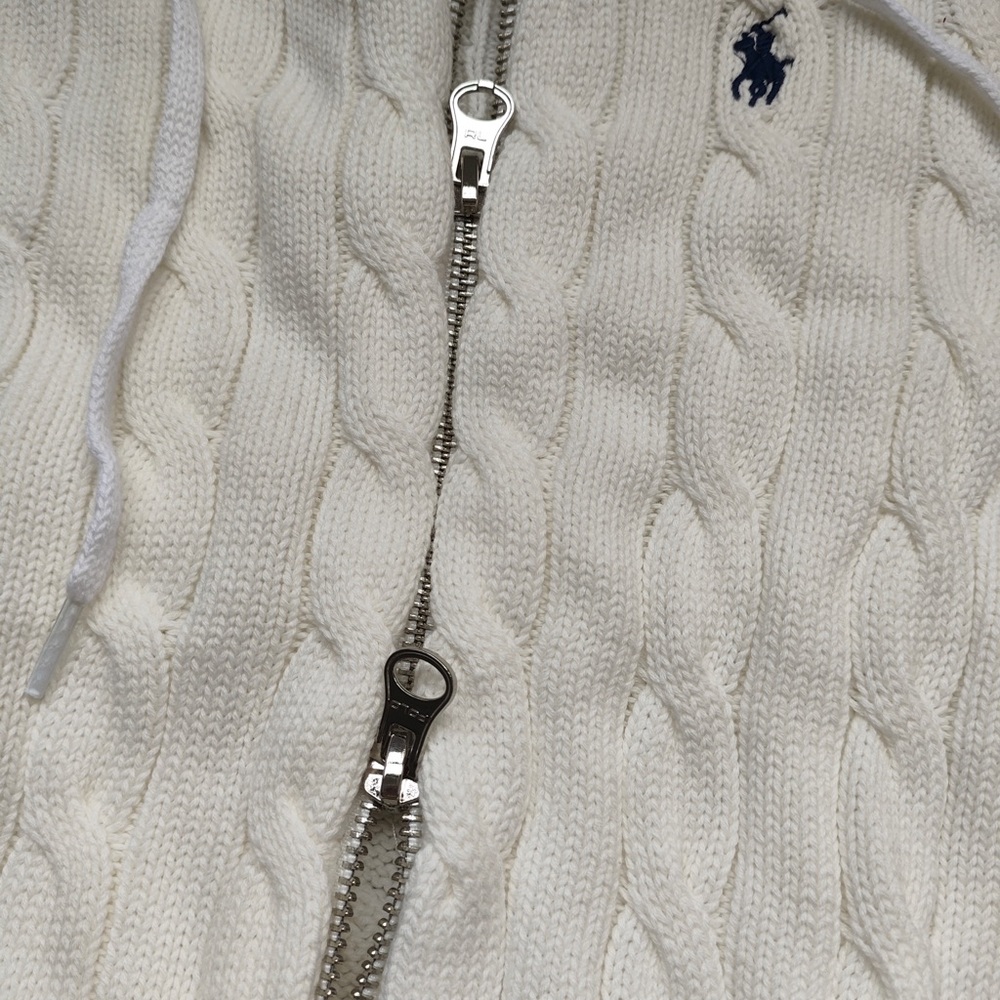 Ralph Lauren Cream Cable Knit Zip-Up Hoodie with Navy Pony Logo - Picture 4 of 7